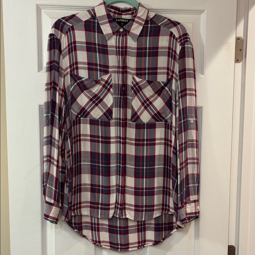 Express womens soft plaid button down tunic shirt hidden buttons